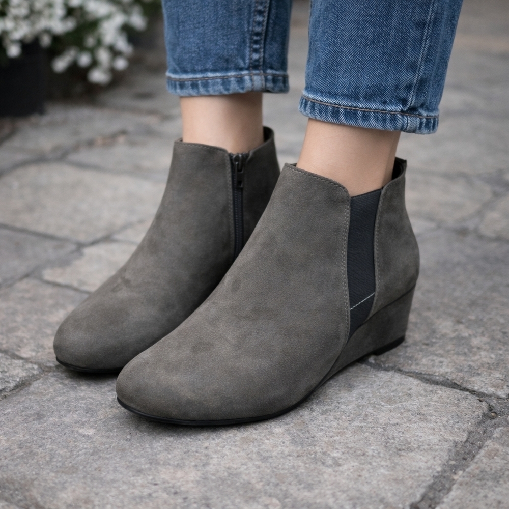 Vionic Stanton Suede Leather Wedge Ankle Booties Gray Comfort Shoes
